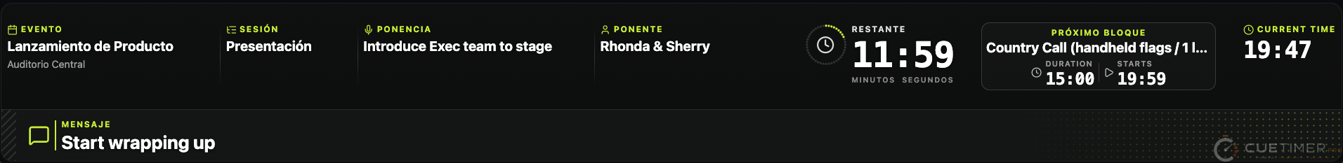 CueTimer Pro overlay bar with remaining time and next block