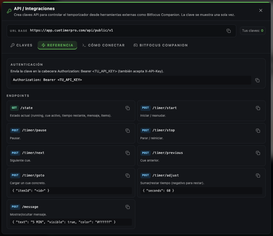 CueTimer Pro API for live production integrations