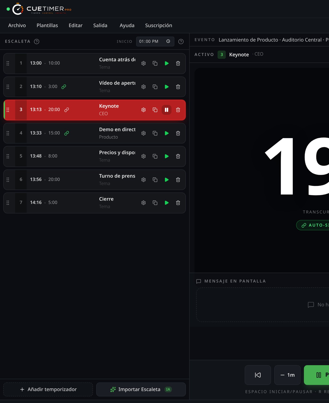 CueTimer Pro rundown editor with blocks and automatic times